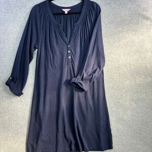 Lilly Pulitzer Navy Blue Cotton Smocked Dress M Roll Tab Sleeve L